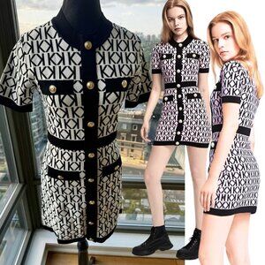 🆕 KARL LAGERFELD 🧿 NWT Double K Monogram Jacquard Knit Dress, Black/White Sz L